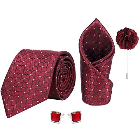 Axlon Men's Plaid Micro Wooven Silk Necktie Gift Set With Pocket Square Cufflinks & Brooch Pin Tie For Men Formal Tie Set With Gift Box (Pack Of 4) (Ax11_7, Maroon)