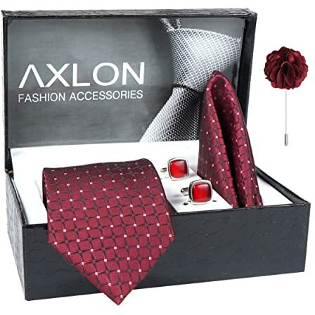 Axlon Men's Plaid Micro Wooven Silk Necktie Gift Set With Pocket Square Cufflinks & Brooch Pin Tie For Men Formal Tie Set With Gift Box (Pack Of 4) (Ax11_7, Maroon)