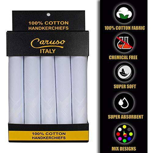 Caruso Italy Men's Premium 100% Pure Cotton Handkerchief White Self Border - Pack Of 5