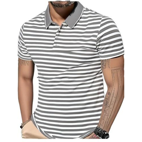 Mack Jonney Men's Striped Cotton Rich Polo T Shirt | Collar Tshirts | Half Sleeves | Stripe-Regular Fit-Mack640712 Grey