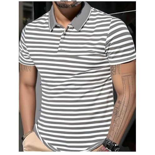 Mack Jonney Men's Striped Cotton Rich Polo T Shirt | Collar Tshirts | Half Sleeves | Stripe-Regular Fit-Mack640712 Grey