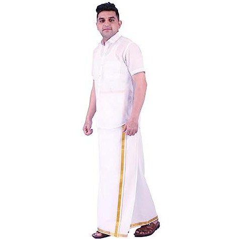 Prakasam Cotton Men's Combed Cotton Finer Quality Double Dhoti (8 Mulam) - 3.80Mtrs/ Double Dhoti With Gold Jari Border