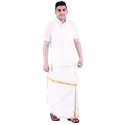 Prakasam Cotton Men's Combed Cotton Finer Quality Double Dhoti (8 Mulam) - 3.80Mtrs/ Double Dhoti With Gold Jari Border