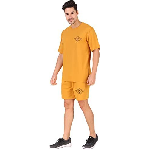 London Hills Cotton Blend Printed Casual Round Neck Co-Ord Set For Men's Mustard - X Large