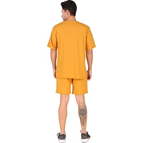 London Hills Cotton Blend Printed Casual Round Neck Co-Ord Set For Men's Mustard - X Large