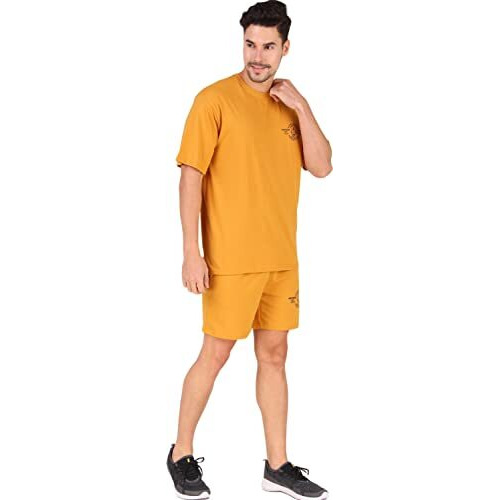 London Hills Cotton Blend Printed Casual Round Neck Co-Ord Set For Men's Mustard - X Large