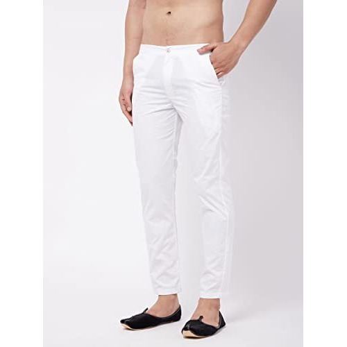 Vastramay Men's White Cotton Lycra Pant Style Pyjama Comfortable Ethnic & Casual Wear With Elastic Waistband & Pockets For Festive/Wedding