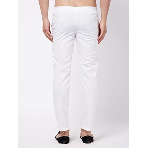 Vastramay Men's White Cotton Lycra Pant Style Pyjama Comfortable Ethnic & Casual Wear With Elastic Waistband & Pockets For Festive/Wedding