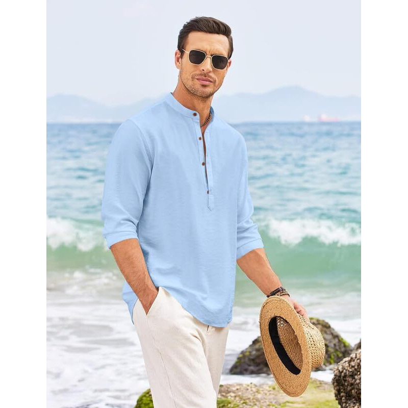 Royalscout Men's Regular Fit Solid Cotton Blend Straight Short Kurta | Full Sleeves Kurta Sky Blue