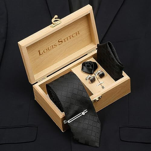 Louis Stitch Mens Sable Black Italian Silk Necktie Set Incl Pocket Square Cufflinks Chrome Tiepin Brooch American Style Formal Tie Gift Set For Men (Bl011Cp)