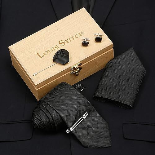 Louis Stitch Mens Sable Black Italian Silk Necktie Set Incl Pocket Square Cufflinks Chrome Tiepin Brooch American Style Formal Tie Gift Set For Men (Bl011Cp)