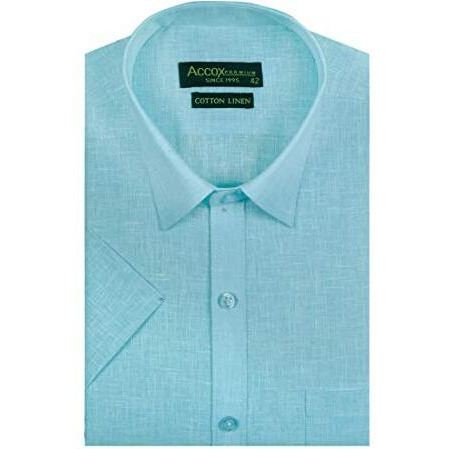 Accox Men's Half Sleeves Formal Regular Fit Cotton Linen Shirt(Ocean Blue,Go524_42)