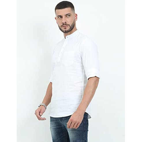 Miraan Men's Casual Cotton Slim Fit Short Kurta Shirt With Mandarin Collar (Sigshortkurtawhitel, Large, White)