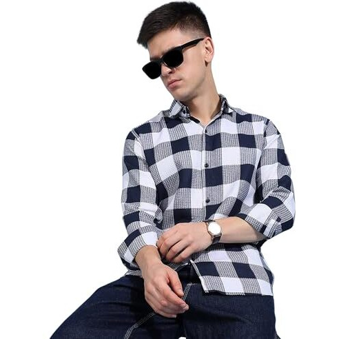 Miramichi Men's Pure Cotton Blue Checkered Full Sleeve Shirt - Regular Fit, Casual Wear, Comfortable And Stylish Design (In, Alpha, L, Regular, Blue)