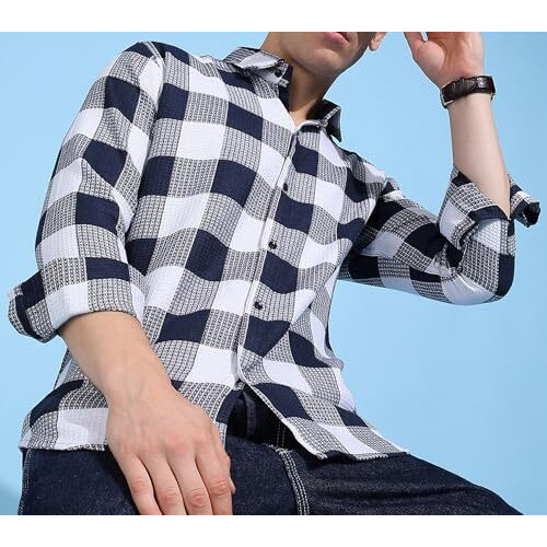 Miramichi Men's Pure Cotton Blue Checkered Full Sleeve Shirt - Regular Fit, Casual Wear, Comfortable And Stylish Design (In, Alpha, L, Regular, Blue)