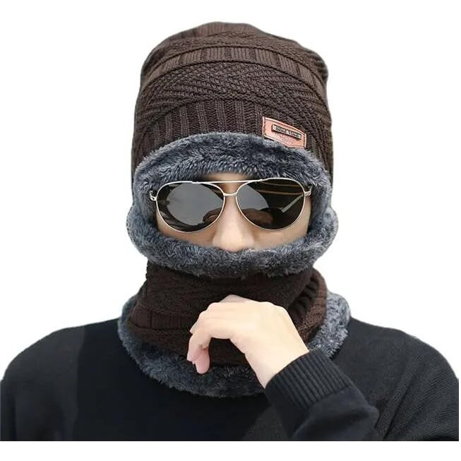 Brand Conquer Wool Beanie Cap & Muffler For Men & Women - Winter Woolen Cap With Neck Muffler - Soft Woolen Set (Brown, Free Size)
