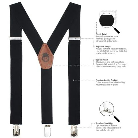 Peluche Plaid Black Black Coloured 3.5Cm Strap Width Elastic Suspenders For Men