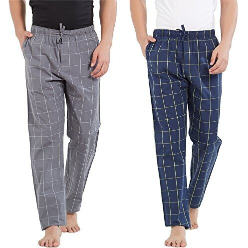 Xyxx Men's Super Combed Cotton Checkered Checkmate Pyjamas [Pack Of 2] Elasticated Waist, Drawstring | Loungewear For Men In Lime, Grey Checks