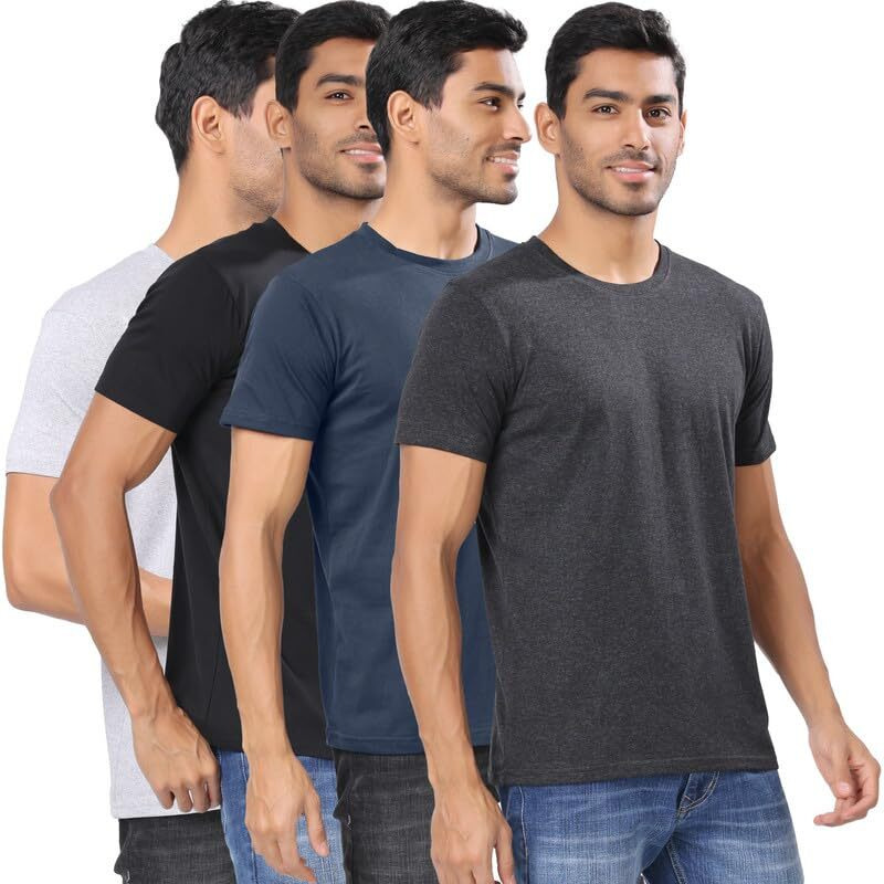 London Hills Solid Men Round Neck Half Sleeve Cotton Blend Multicolor Regular Fit T-Shirts (Pack Of 4), Medium