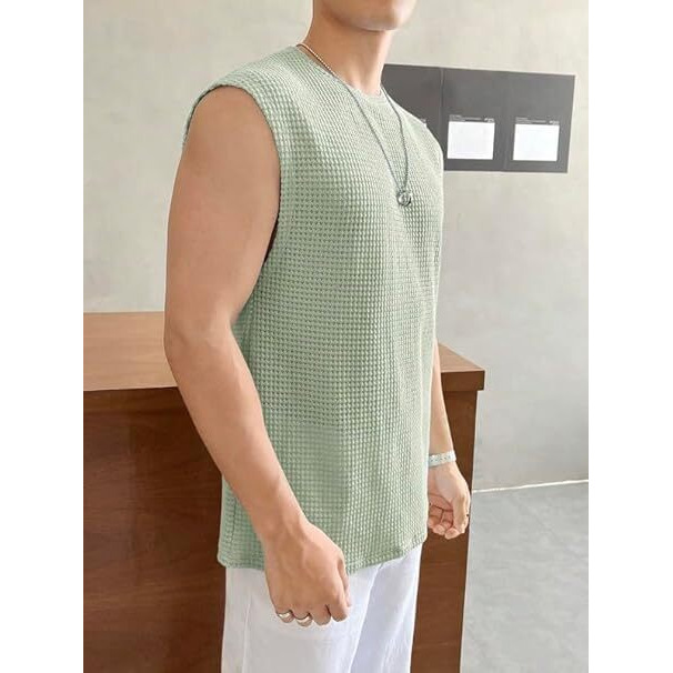 O3E || T-Shirt For Mens Waffle Tank Tops Sleeveless Round Neck Polycotton Use For Gym, Running And Outdoor ||| (In, Alpha, M, Regular, Sea Green)