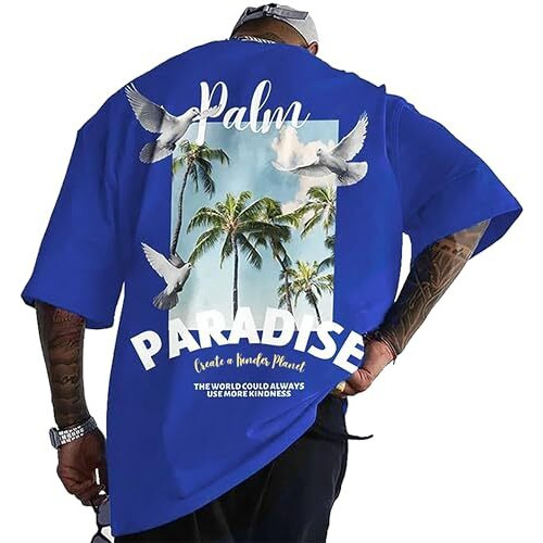 London Hills Men's Loose Fit Printed Oversized Drop Shoulder T-Shirt - Royal Blue