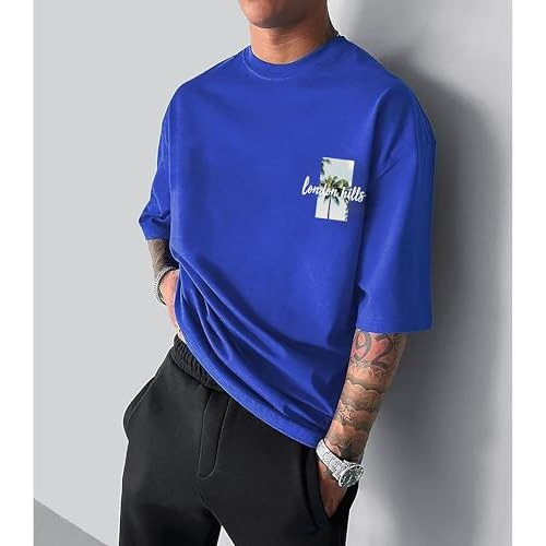 London Hills Men's Loose Fit Printed Oversized Drop Shoulder T-Shirt - Royal Blue