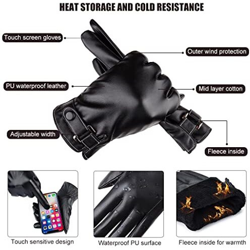 Proberos Winter Gloves For Men, Pu Leather Fleece Warm Lining Gloves For Riding, Touch Screen Winter Gloves Fashion Winter Leather Gloves For Men Driving Gloves For Men (Black Style 3)