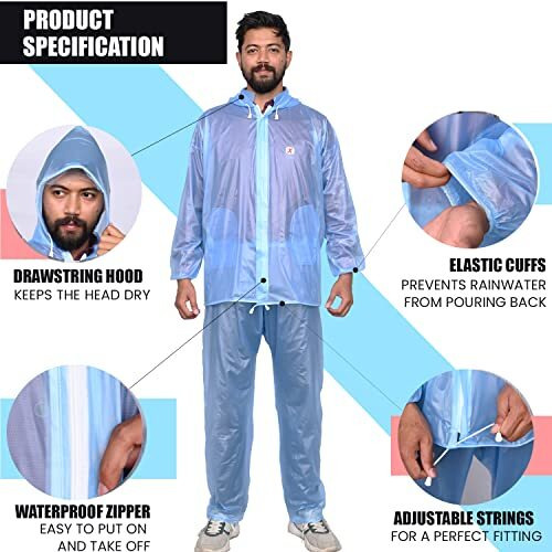 Allextreme Kinder Men & Women Raincoat With Adjustable Hood, Water Resistant Reusable Rainwear, Drawstring Hem Set Of Top & Bottom With Carrying Pouch (Xxl, Blue)