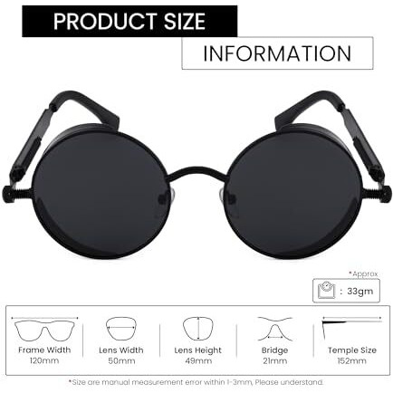 Royal Son Hd Polarized Steampunk Trendy Round Uv Protection Men's And Women's Stylish Sunglasses/Goggles (Black Lens Shades) - Pack Of 1