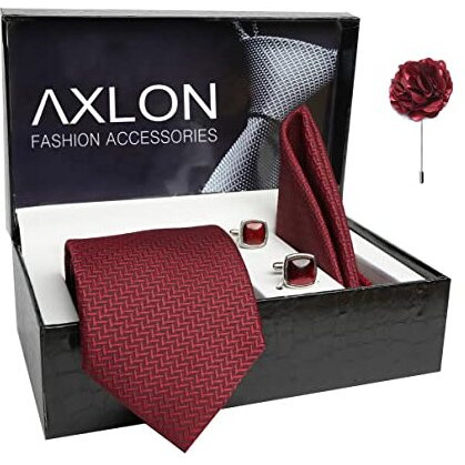 Axlon Mens Plaid Micro Self Silk Necktie Gift Set With Pocket Square Cufflinks & Brooch Pin Tie For Men Formal With Leatherite Box (Maroon Sidimrrx Free Size)