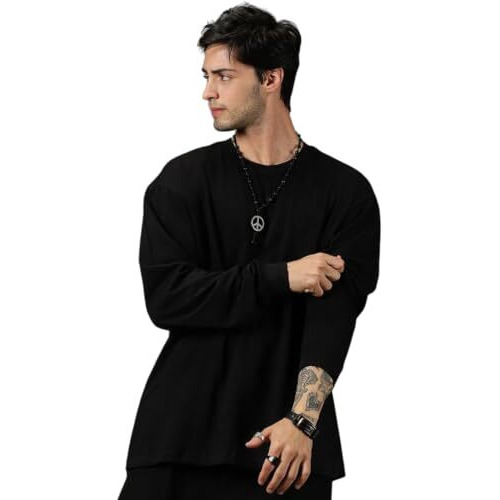 Alone Eagle Oversized Cotton Plain Full Sleeve Round Neck T Shirt For Men (Black, M)