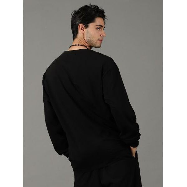 Alone Eagle Oversized Cotton Plain Full Sleeve Round Neck T Shirt For Men (Black, M)