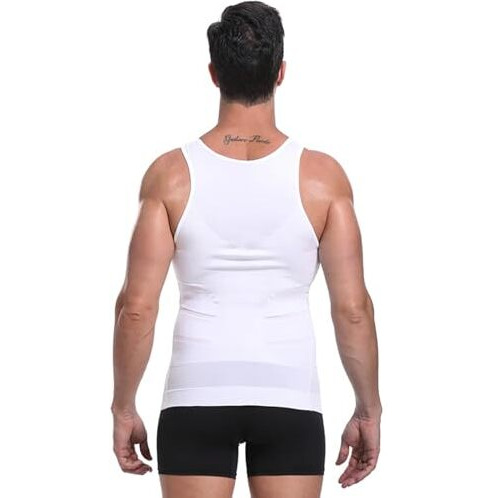 Wearslim Men Compression Shirt For Workout Vest Abs Abdomen Slim Body Shaper Undershirt Slimming Shirt To Hide Gynecomastia Stretchable Tummy Tucker Vest - Pack Of 2 - (Black & White) - M