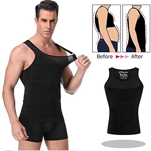 Wearslim Men Compression Shirt For Workout Vest Abs Abdomen Slim Body Shaper Undershirt Slimming Shirt To Hide Gynecomastia Stretchable Tummy Tucker Vest - Pack Of 2 - (Black & White) - M