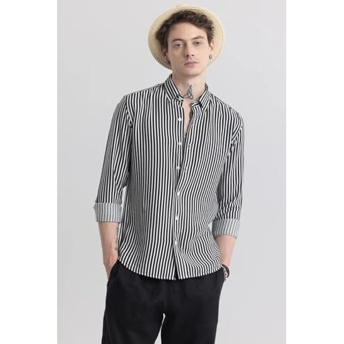 U-Turn Men's Cotton Casual Printed Striped Stylish Lates Slim Fit T-Shirt For Men (Black-White Large)