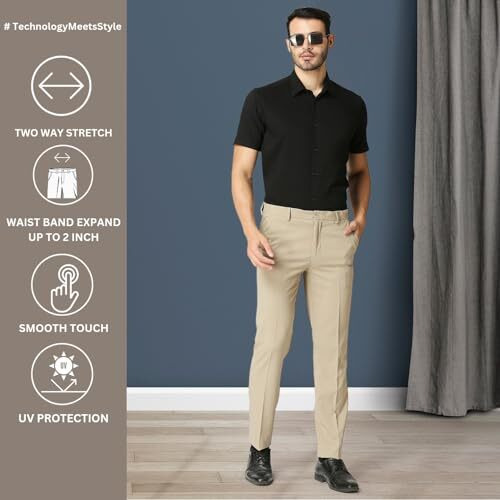 Saintx Men's Stretchable Formal Pants | Classic Flat Front Slant Pocket Trousers (Slim Fit) No Pleat Design | Office Or Party | Fasion Autoflex Waistband Trouser (Saintr07_Khaki_32)
