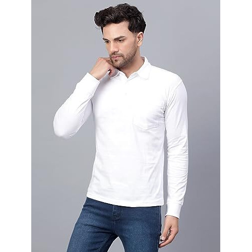 Fleximaa Men's Cotton Polo Neck Full Sleeve White Color Regular Fit T-Shirt With Pocket L Size