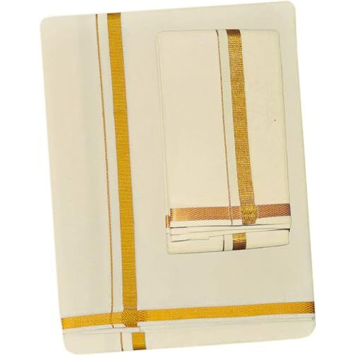Prakasam Cotton Cream Jari Border Cotton Blended Single (1.28X2.00Mtrs) Dhoti For Mens/Poly Cotton 50 White Jari Dhoti & Matching Single Jari Towel