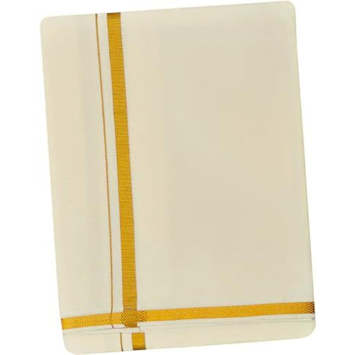 Prakasam Cotton Cream Jari Border Cotton Blended Single (1.28X2.00Mtrs) Dhoti For Mens/Poly Cotton 50 White Jari Dhoti & Matching Single Jari Towel