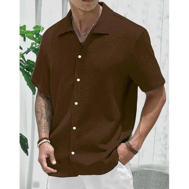 Miramichi Men's Slim Fit Half Sleeve Polycotton Casual Shirt - Solid Pattern, Hip Length, Ideal Coffee