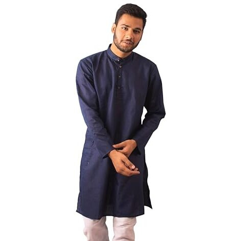 Velsora Men's Cotton Solid Long Kurta (Regular Fit) (In, Alpha, 2Xl, Regular, Navy Blue)