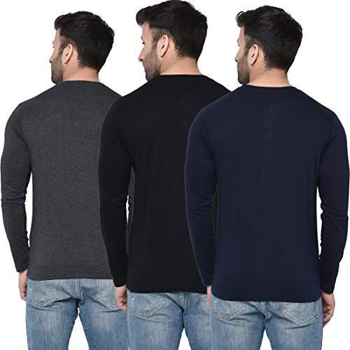 London Hills Solid Men Full Sleeve Round Neck Cotton Blend Regular Fit T-Shirt (Pack Of 3) Blue, Large