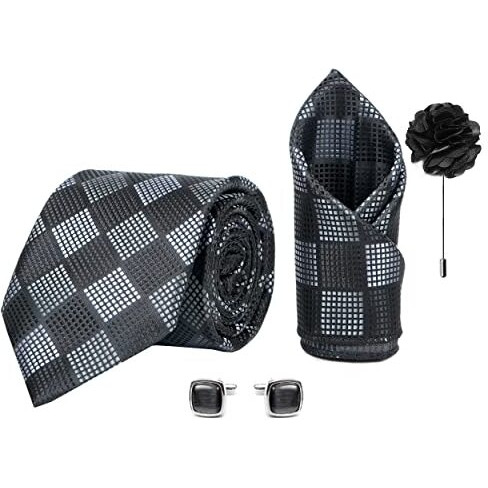 Axlon Men's Check Micro Wooven Silk Necktie Gift Set With Pocket Square Cufflinks & Brooch Pin Tie For Men Formal Tie Set With Box (Pack Of 4) (Ax11_1, Black)