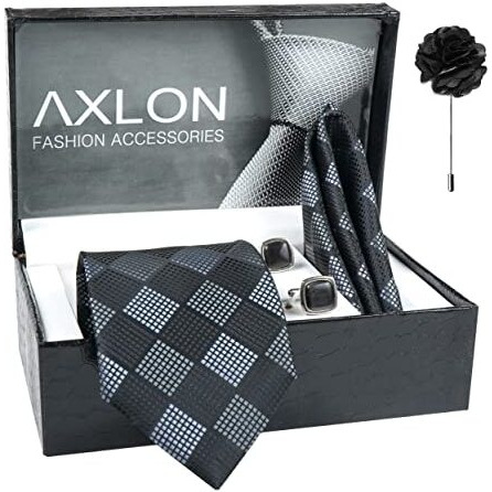 Axlon Men's Check Micro Wooven Silk Necktie Gift Set With Pocket Square Cufflinks & Brooch Pin Tie For Men Formal Tie Set With Box (Pack Of 4) (Ax11_1, Black)