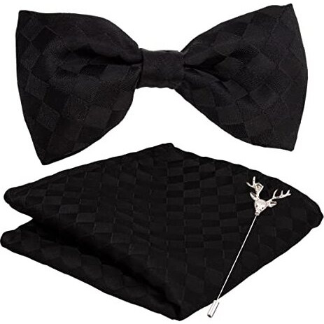 To The Nines Men's Microfiber Black Checks Bow Tie & Pocket Square With Lapel Pin