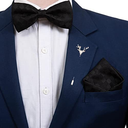 To The Nines Men's Microfiber Black Checks Bow Tie & Pocket Square With Lapel Pin
