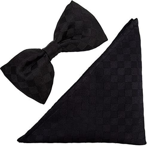 To The Nines Men's Microfiber Black Checks Bow Tie & Pocket Square With Lapel Pin