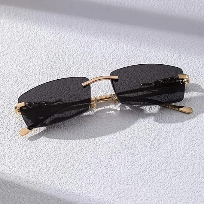 Roshfort Unisex-Adult Mc Stan Rimless Uinsex Non Polarized Sunglasses Retro Luxury Gold Metal Frameless Rectangle Leopard Arms Colored Lens (E-3), Medium