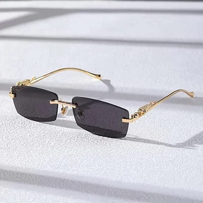 Roshfort Unisex-Adult Mc Stan Rimless Uinsex Non Polarized Sunglasses Retro Luxury Gold Metal Frameless Rectangle Leopard Arms Colored Lens (E-3), Medium