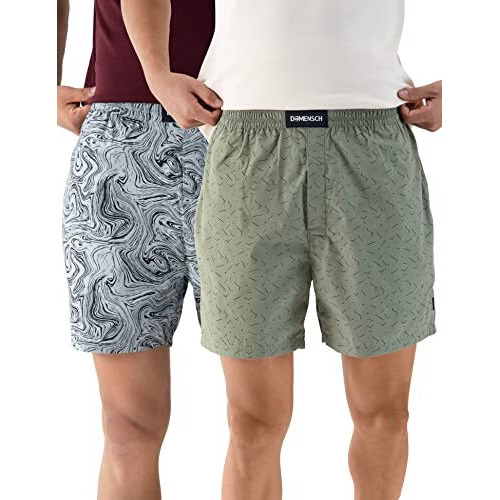 Damensch Men's Cotton Boxers (Pack Of 2) (Dam-Prin-Lbx-Pack-2-Dgn-Mrg-Mix-L_Dot Green, Marble Grey_L)